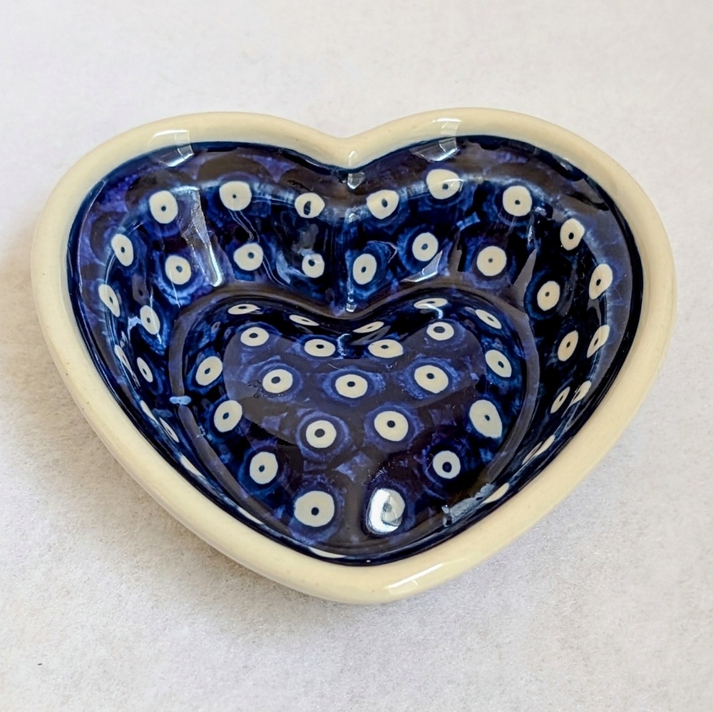 Polish Pottery Small Decorative Heart with a White Dot Design